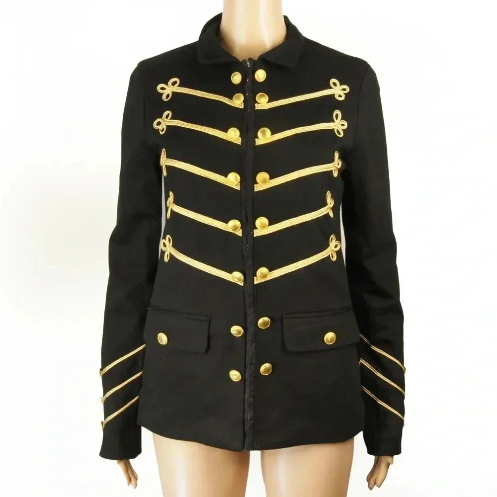 Black Military-Style Blazer with Gold Braid Detailing